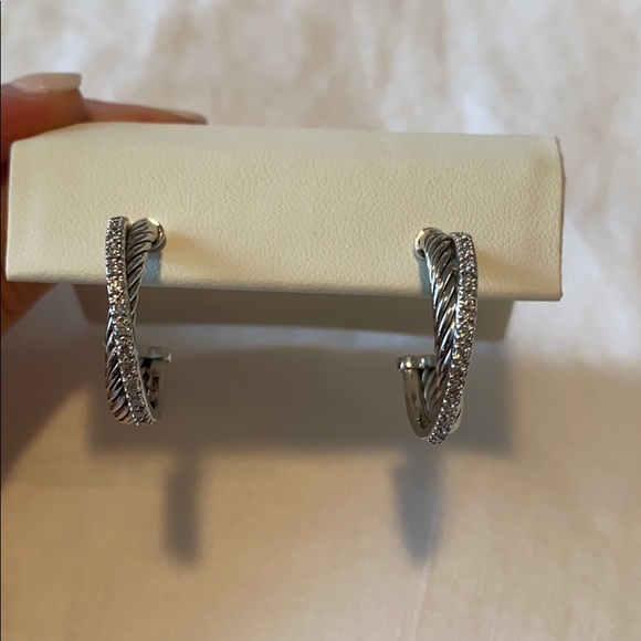 David Yurman Silver Crossover Hoops w/ Diamonds - Picture 6 of 7